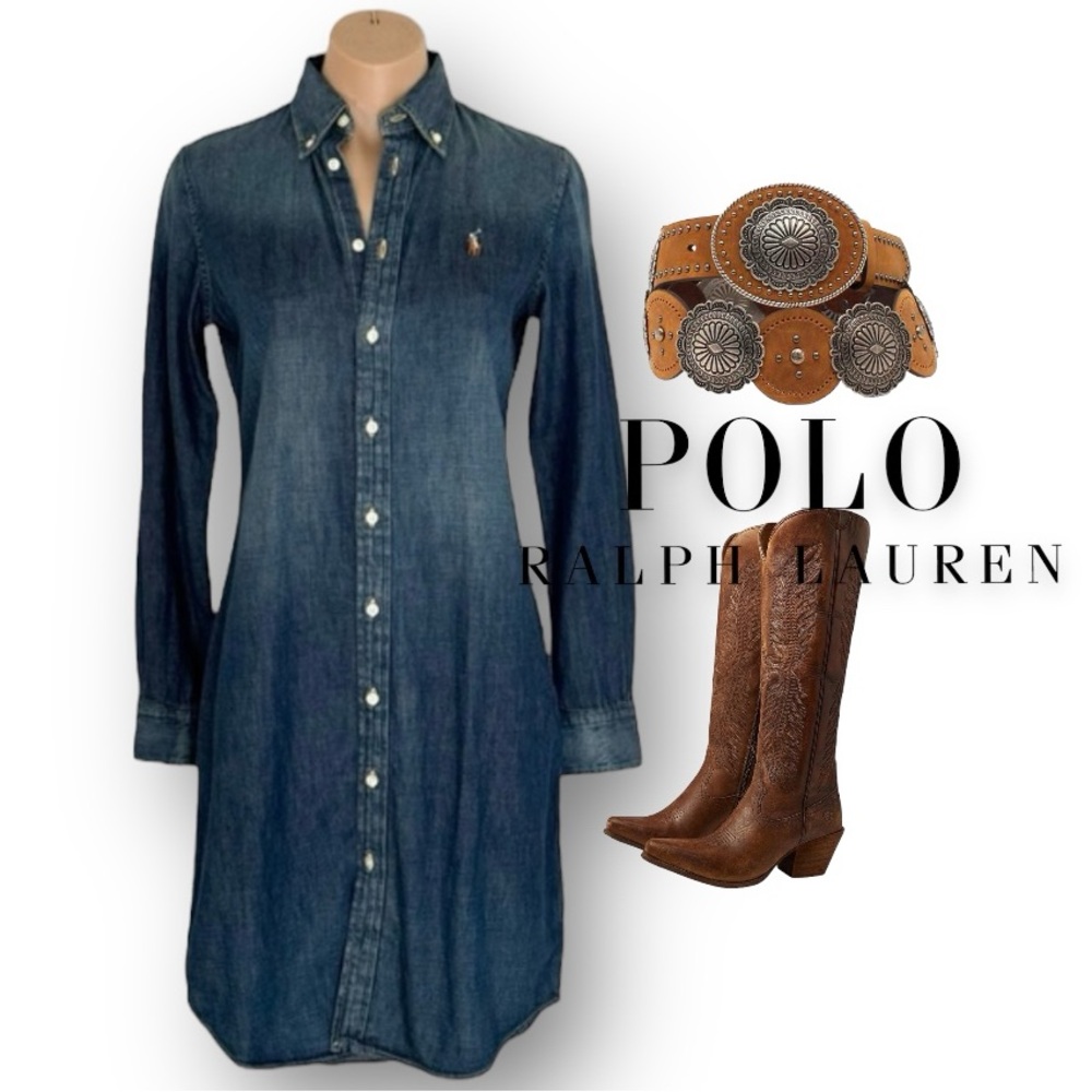 POLO RALPH LAUREN WATTLES WASH LS HRP DENIM DRESS XS